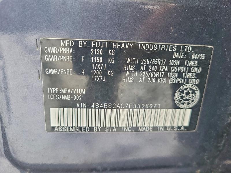 78770405 :رقم المزاد ، 4S4BSCAC7F3326071 vin ، 2015 Subaru Outback مزاد بيع