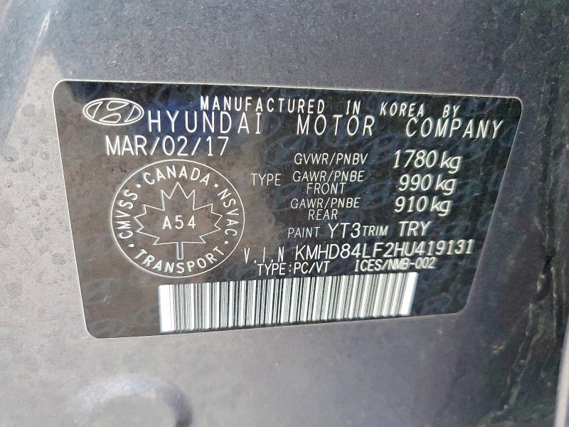 Продажа на аукционе авто 2017 Hyundai Elantra, vin: KMHD84LF2HU419131, номер лота: 46541806