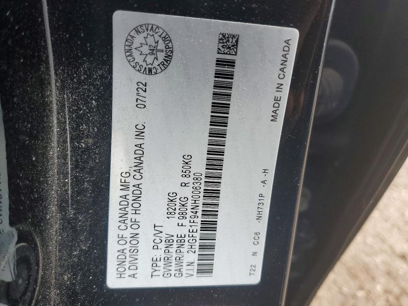 2022 Honda Civic მანქანა იყიდება აუქციონზე, vin: 2HGFE1F94NH006380, აუქციონის ნომერი: 45924726