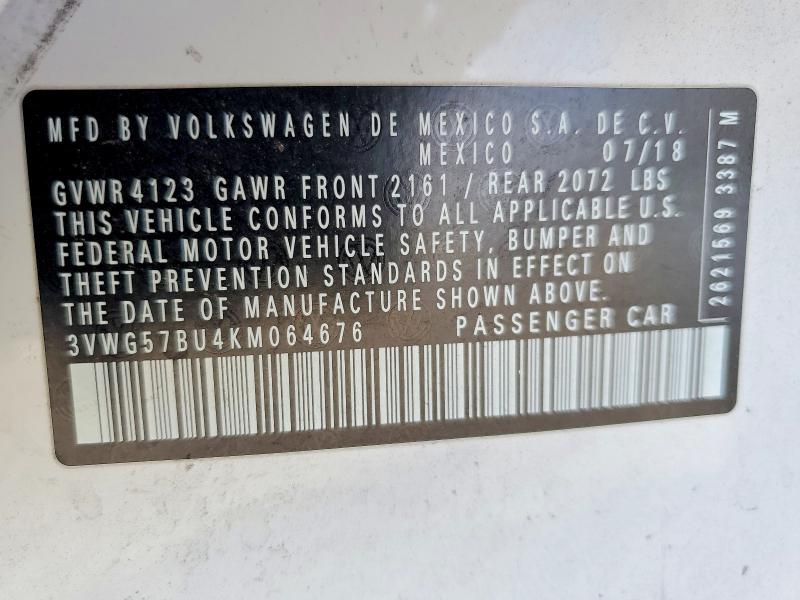 2019 Volkswagen Jetta მანქანა იყიდება აუქციონზე, vin: 3VWG57BU4KM064676, აუქციონის ნომერი: 45771956