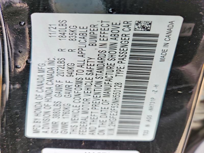 Продажа на аукционе авто 2022 Honda Civic, vin: 2HGFE2F53NH550128, номер лота: 45930546