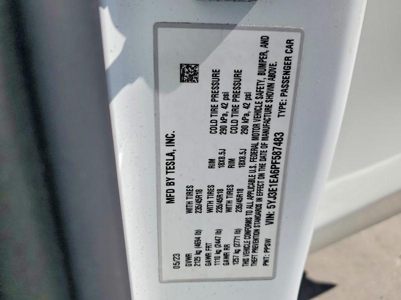 2023 Tesla Model 3 მანქანა იყიდება აუქციონზე, vin: 5YJ3E1EA6PF587483, აუქციონის ნომერი: 46895426