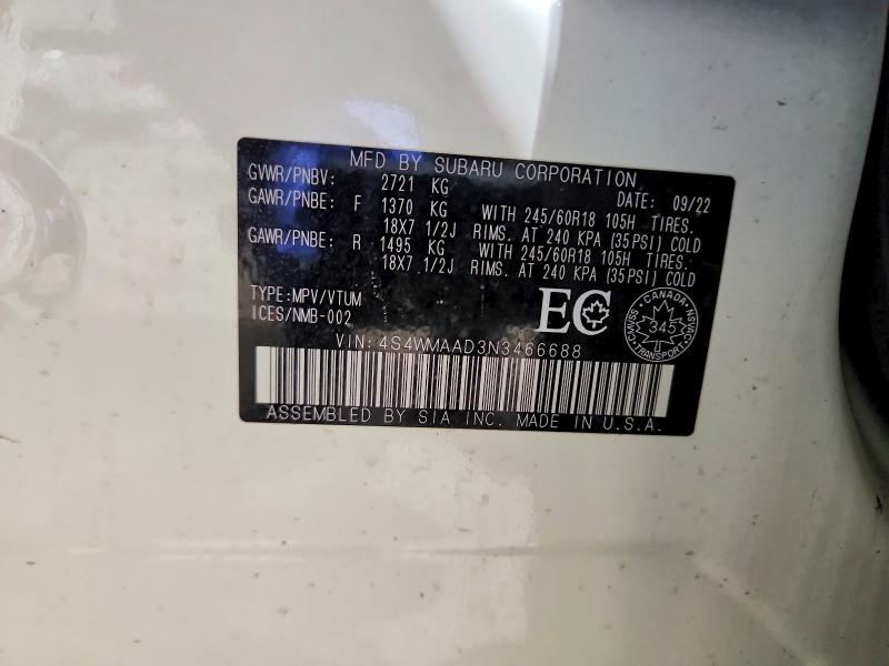 78591015 :رقم المزاد ، 4S4WMAAD3N3466688 vin ، 2022 Subaru Ascent مزاد بيع