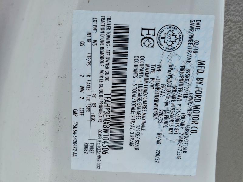 2011 Ford Focus მანქანა იყიდება აუქციონზე, vin: 1FAHP3ENXBW104506, აუქციონის ნომერი: 41869536