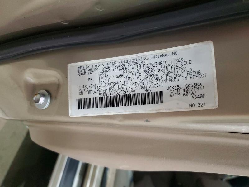 Aukcja sprzedaży 2002 Toyota Sequoia, vin: 5TDBT44A62S134389, numer aukcji: 46293846