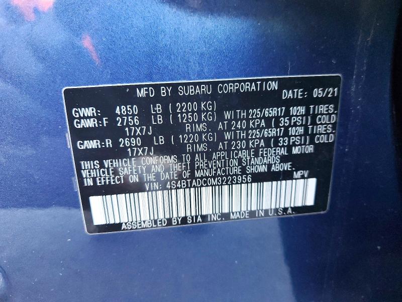 Aukcja sprzedaży 2021 Subaru Outback, vin: 4S4BTADC0M3223956, numer aukcji: 47837606