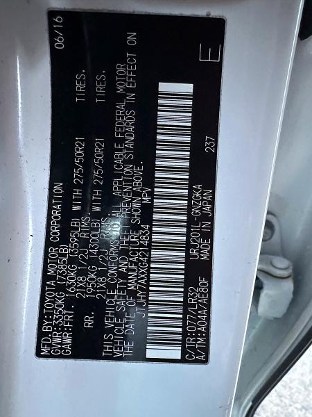 Aukcja sprzedaży 2016 Lexus Lx 570, vin: JTJHY7AXXG4214834, numer aukcji: 47802386