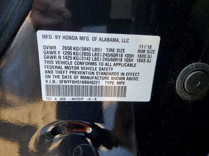 Aukcja sprzedaży 2019 Honda Pilot, vin: 5FNYF6H51KB046221, numer aukcji: 41977736