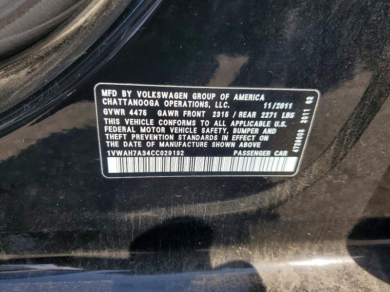 47032106 :رقم المزاد ، 1VWAH7A34CC029192 vin ، 2012 Volkswagen Passat مزاد بيع