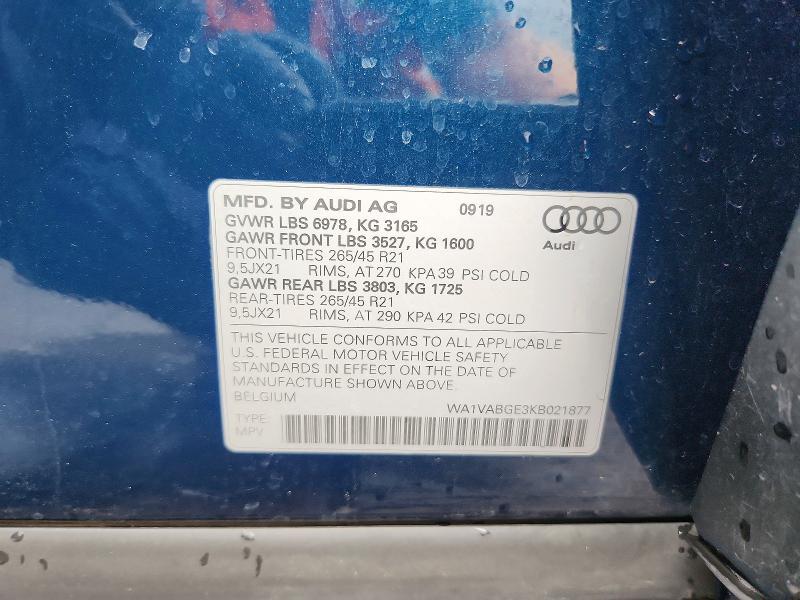 47748036 :رقم المزاد ، WA1VABGE3KB021877 vin ، 2019 Audi E-tron مزاد بيع