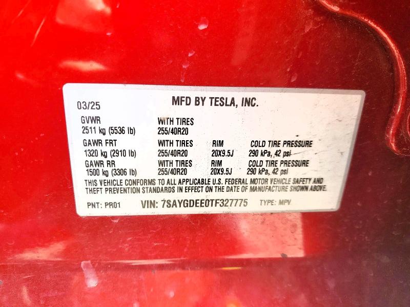 42007036 :رقم المزاد ، 7SAYGDEE0TF327775 vin ، 2026 Tesla Model Y مزاد بيع