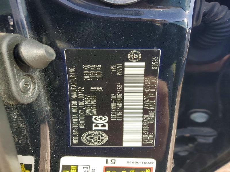 Aukcja sprzedaży 2022 Toyota Camry Se 4dr, vin: 4T1G11AK6NU674697, numer aukcji: 46744406