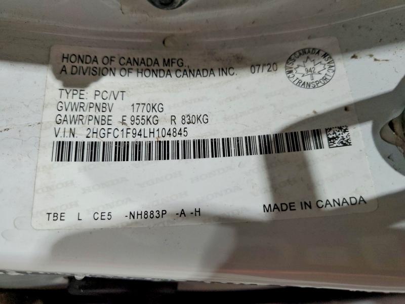 Продаж на аукціоні авто 2020 Honda Civic, vin: 2HGFC1F94LH104845, номер лоту: 48412126