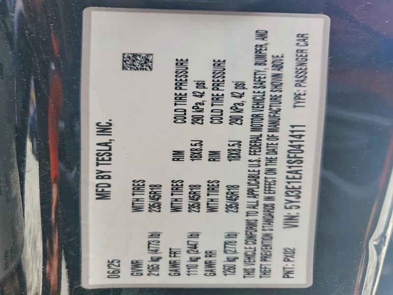 Aukcja sprzedaży 2025 Tesla Model 3, vin: 5YJ3E1EA1SF041411, numer aukcji: 48314086