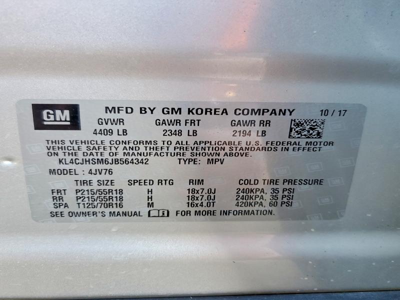 41878186 :رقم المزاد ، KL4CJHSM6JB564342 vin ، 2018 Buick Encore مزاد بيع