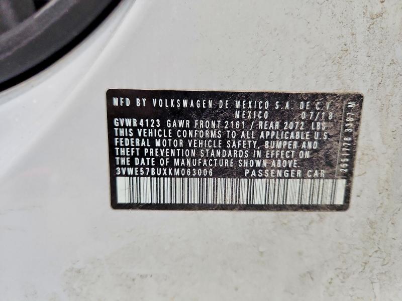 2019 Volkswagen Jetta მანქანა იყიდება აუქციონზე, vin: 3VWE57BUXKM063006, აუქციონის ნომერი: 46761956