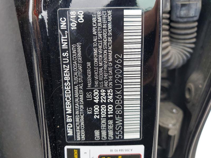 2019 Mercedes-benz C მანქანა იყიდება აუქციონზე, vin: 55SWF8DB6KU290962, აუქციონის ნომერი: 48066346
