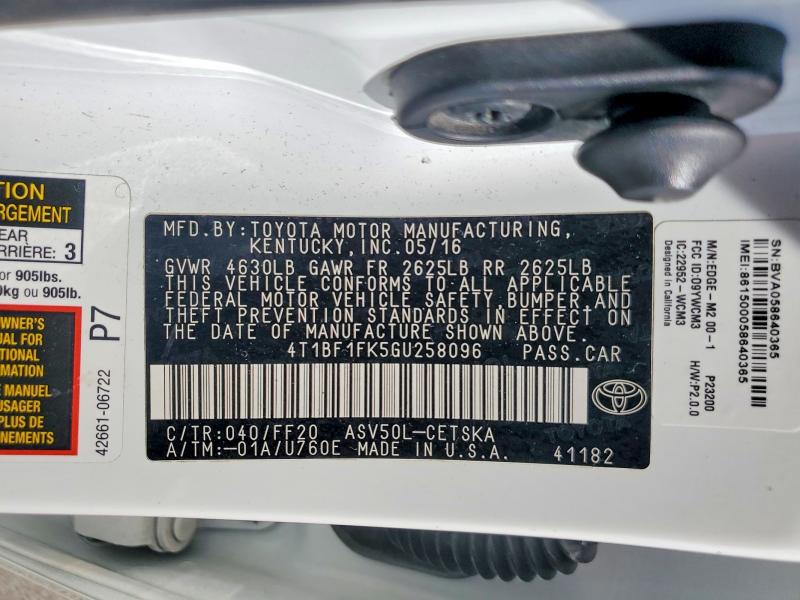 2016 Toyota Camry მანქანა იყიდება აუქციონზე, vin: 4T1BF1FK5GU258096, აუქციონის ნომერი: 78818785