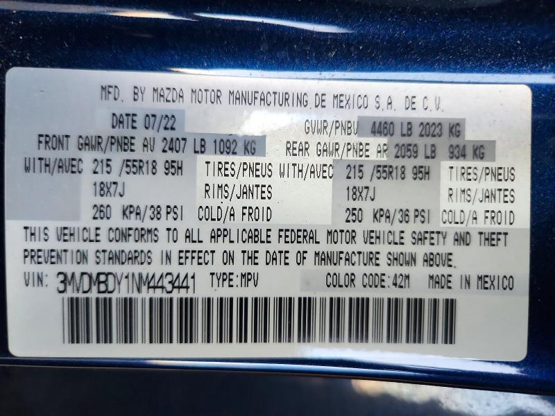48048126 :رقم المزاد ، 3MVDMBDY1NM443441 vin ، 2022 Mazda Cx-30 مزاد بيع