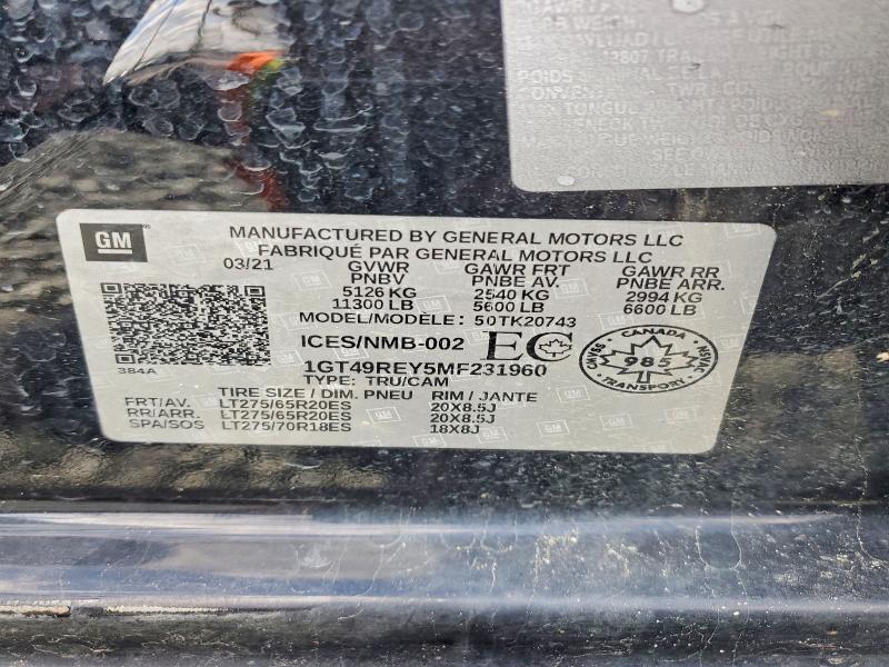 Aukcja sprzedaży 2021 Gmc Sierra, vin: 1GT49REY5MF231960, numer aukcji: 47967396
