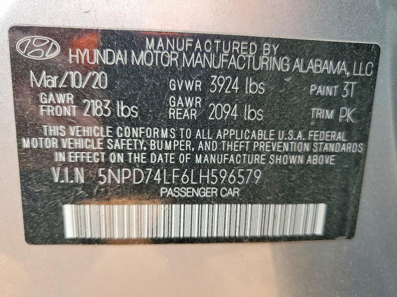 47016866 :رقم المزاد ، 5NPD74LF6LH596579 vin ، 2020 Hyundai Elantra مزاد بيع