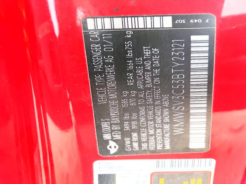Aukcja sprzedaży 2011 Mini Cooper, vin: WMWSV3C53BTY23121, numer aukcji: 46908566
