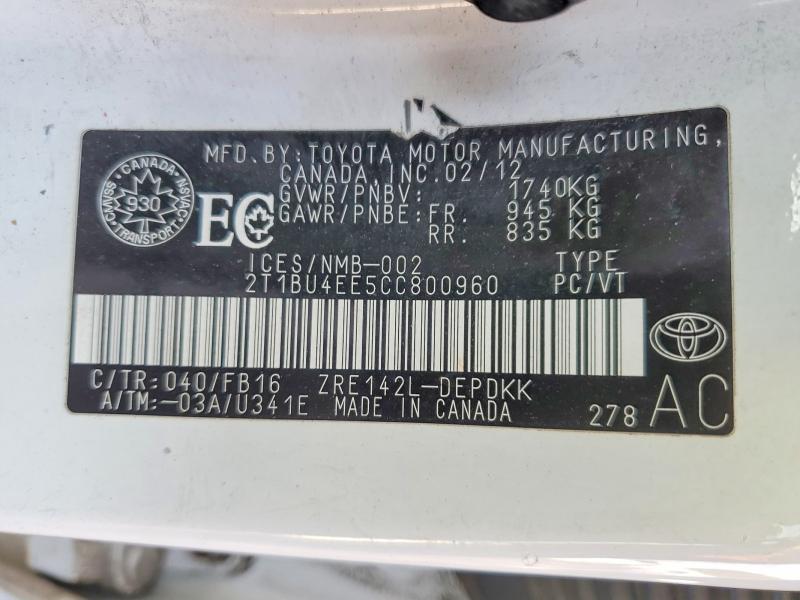 Продажа на аукционе авто 2012 Toyota Corolla, vin: 2T1BU4EE5CC800960, номер лота: 47168636