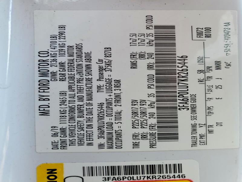 Aukcja sprzedaży 2019 Ford Fusion, vin: 3FA6P0LU7KR265446, numer aukcji: 47916006
