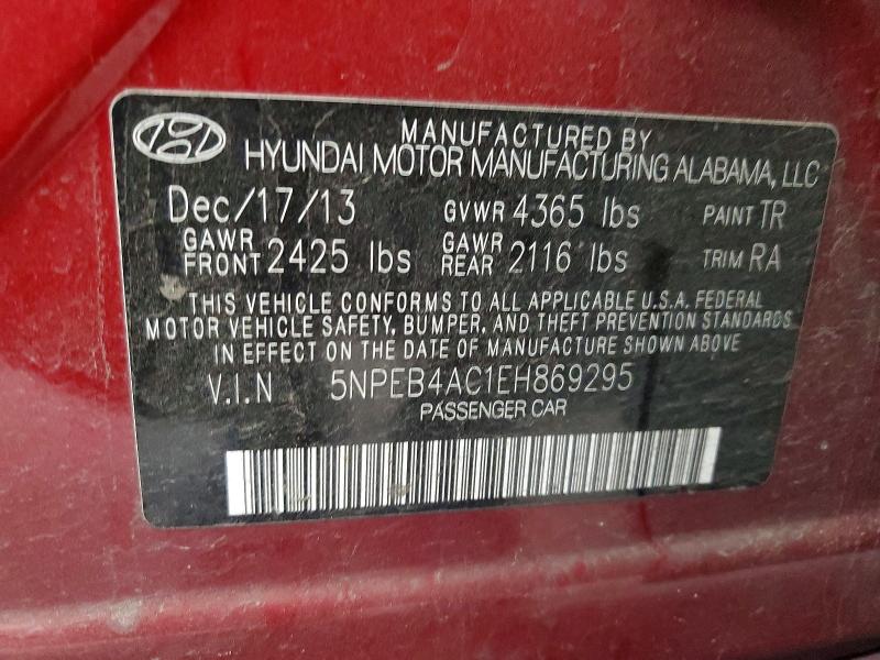 2014 Hyundai Sonata მანქანა იყიდება აუქციონზე, vin: 5NPEB4AC1EH869295, აუქციონის ნომერი: 45548736