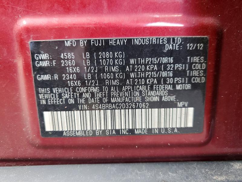 2013 Subaru Outback მანქანა იყიდება აუქციონზე, vin: 4S4BRBAC2D3267062, აუქციონის ნომერი: 46364106