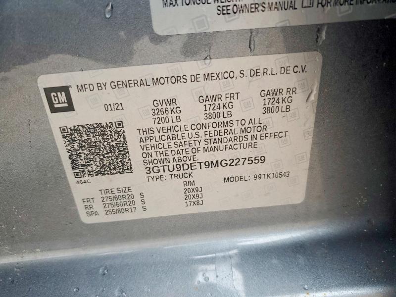2021 Gmc Sierra მანქანა იყიდება აუქციონზე, vin: 3GTU9DET9MG227559, აუქციონის ნომერი: 45939046