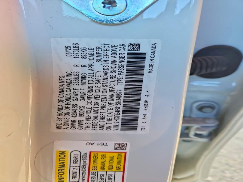 Продажа на аукционе авто 2025 Honda Civic, vin: 2HGFE4F81SH349877, номер лота: 47885216