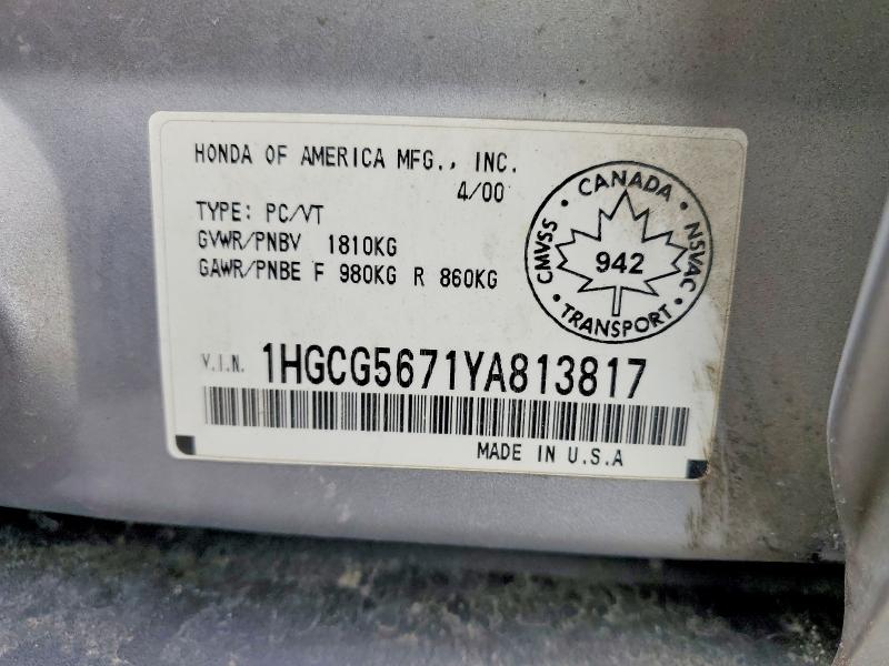 2000 Honda Accord მანქანა იყიდება აუქციონზე, vin: 1HGCG5671YA813817, აუქციონის ნომერი: 79983825