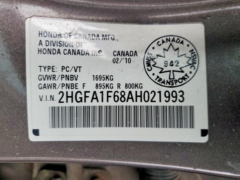 79570055 :رقم المزاد ، 2HGFA1F68AH021993 vin ، 2010 Honda Civic مزاد بيع