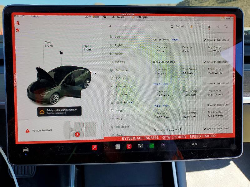 2020 Tesla Model 3 მანქანა იყიდება აუქციონზე, vin: 5YJ3E1EA0LF806156, აუქციონის ნომერი: 46137966