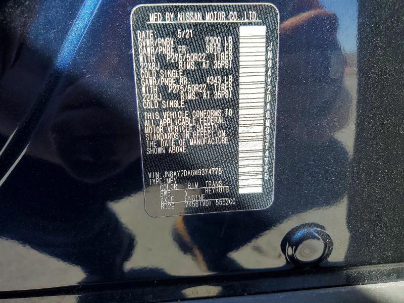 Продаж на аукціоні авто 2021 Nissan Armada, vin: JN8AY2DA6M9374775, номер лоту: 45811846