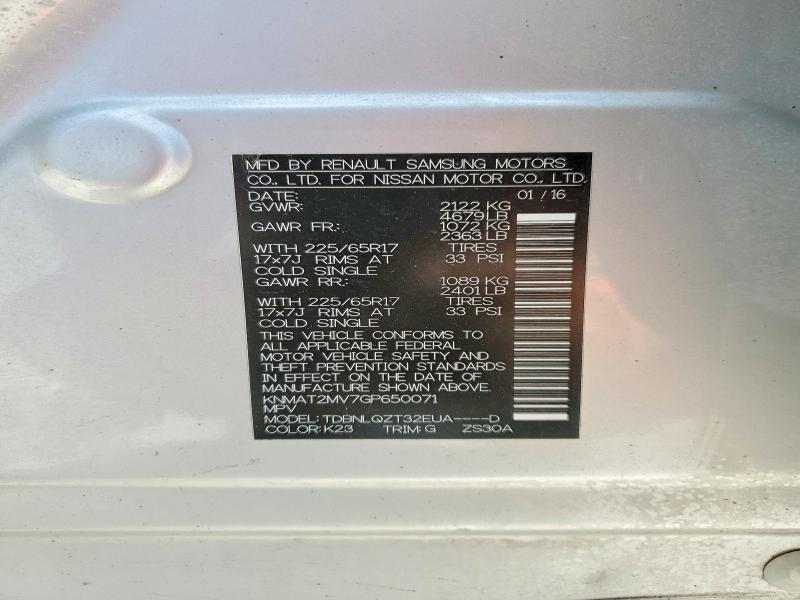 47022566 :رقم المزاد ، KNMAT2MV7GP650071 vin ، 2016 Nissan Rogue مزاد بيع