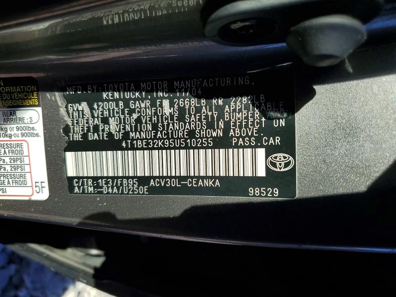 2005 Toyota Camry მანქანა იყიდება აუქციონზე, vin: 4T1BE32K95U510255, აუქციონის ნომერი: 45849466