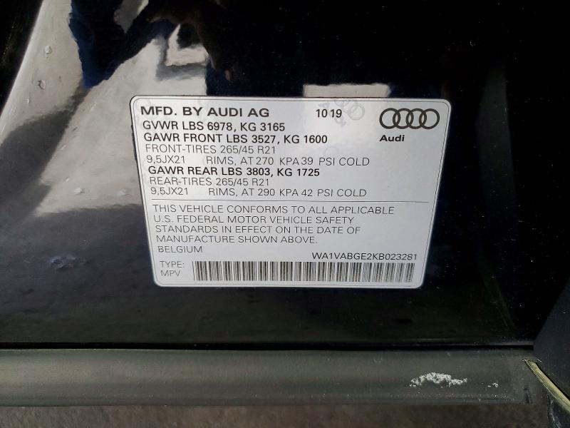 45755136 :رقم المزاد ، WA1VABGE2KB023281 vin ، 2019 Audi E-tron مزاد بيع