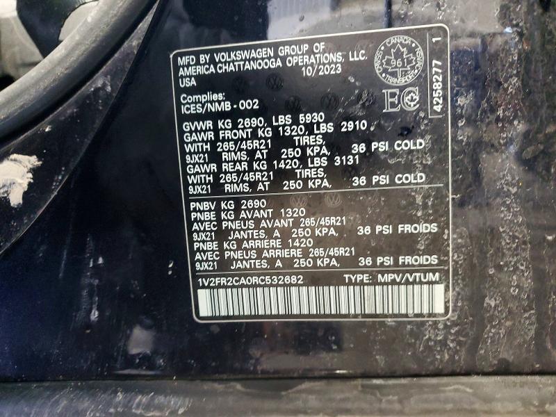 2024 Volkswagen Atlas მანქანა იყიდება აუქციონზე, vin: 1V2FR2CA0RC532682, აუქციონის ნომერი: 41968976