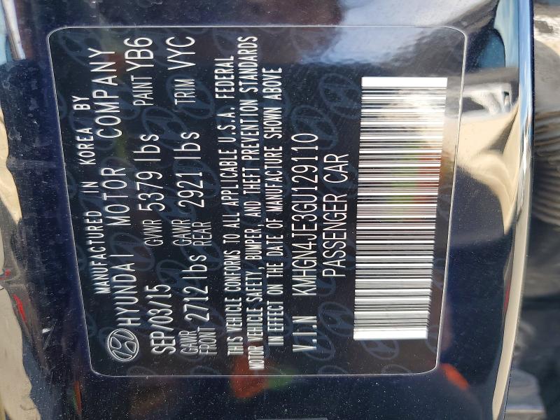 46204796 :رقم المزاد ، KMHGN4JE3GU129110 vin ، 2016 Hyundai Genesis مزاد بيع