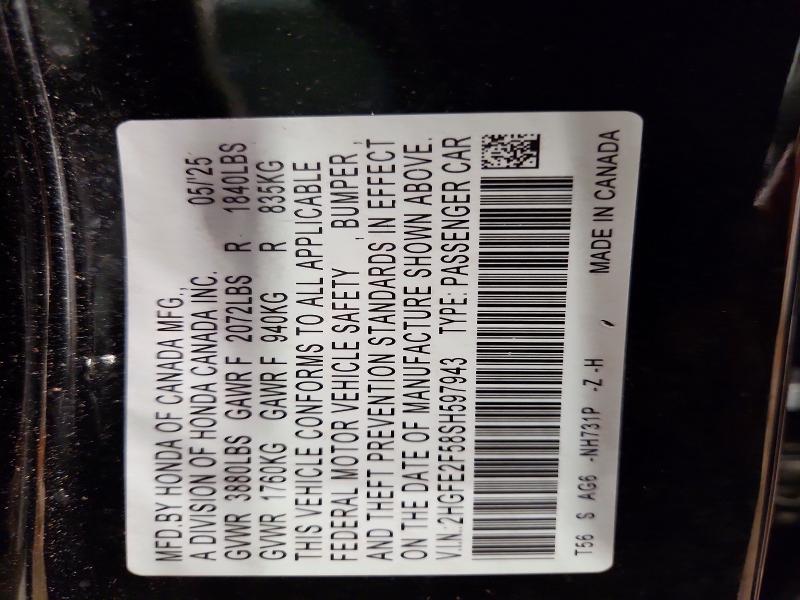 47769556 :رقم المزاد ، 2HGFE2F58SH597943 vin ، 2025 Honda Civic مزاد بيع