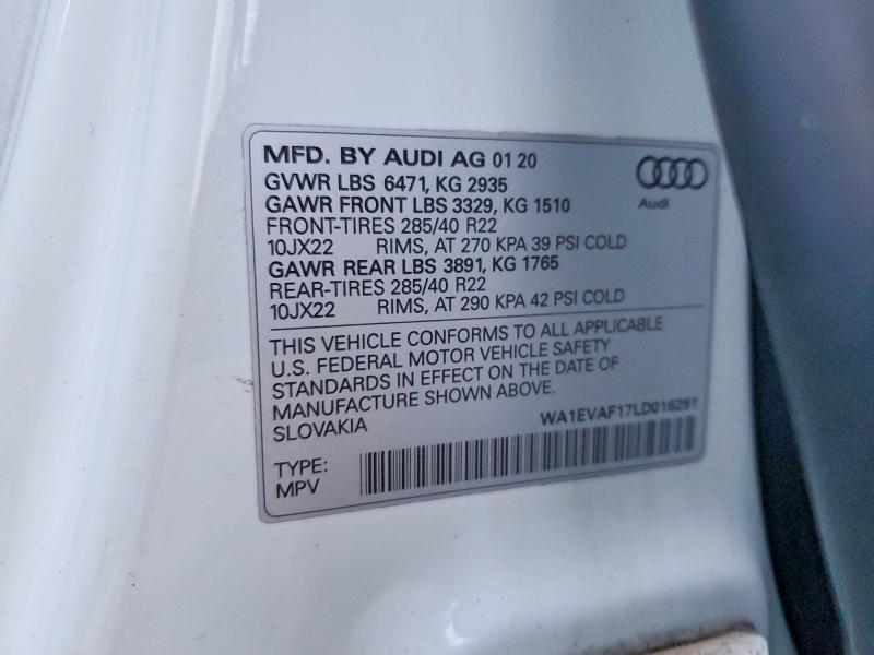 2020 Audi Q8 მანქანა იყიდება აუქციონზე, vin: WA1EVAF17LD016281, აუქციონის ნომერი: 46928476