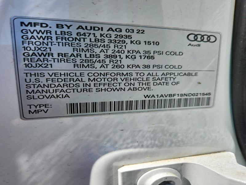 Aukcja sprzedaży 2022 Audi Q8, vin: WA1AVBF18ND021545, numer aukcji: 46536036