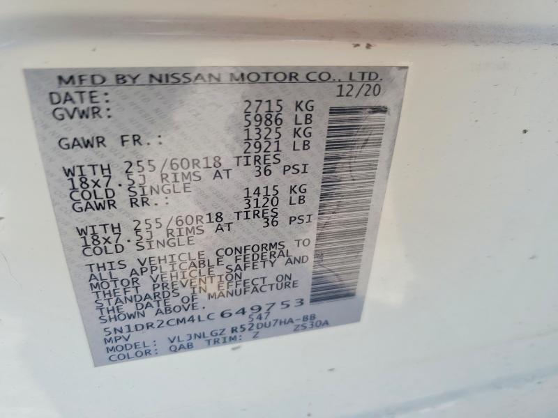 47334886 :رقم المزاد ، 5N1DR2CM4LC649753 vin ، 2020 Nissan Pathfinder مزاد بيع