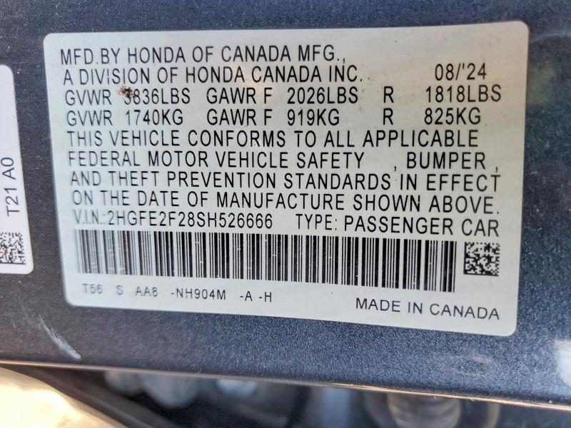 Продажа на аукционе авто 2025 Honda Civic, vin: 2HGFE2F28SH526666, номер лота: 79120155