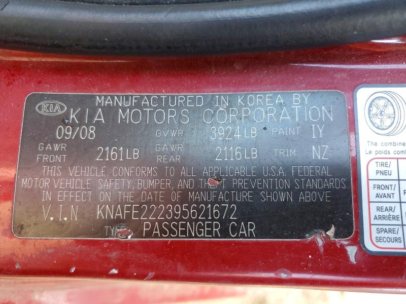 Продаж на аукціоні авто 2009 Kia Spectra, vin: KNAFE222395621672, номер лоту: 79066565