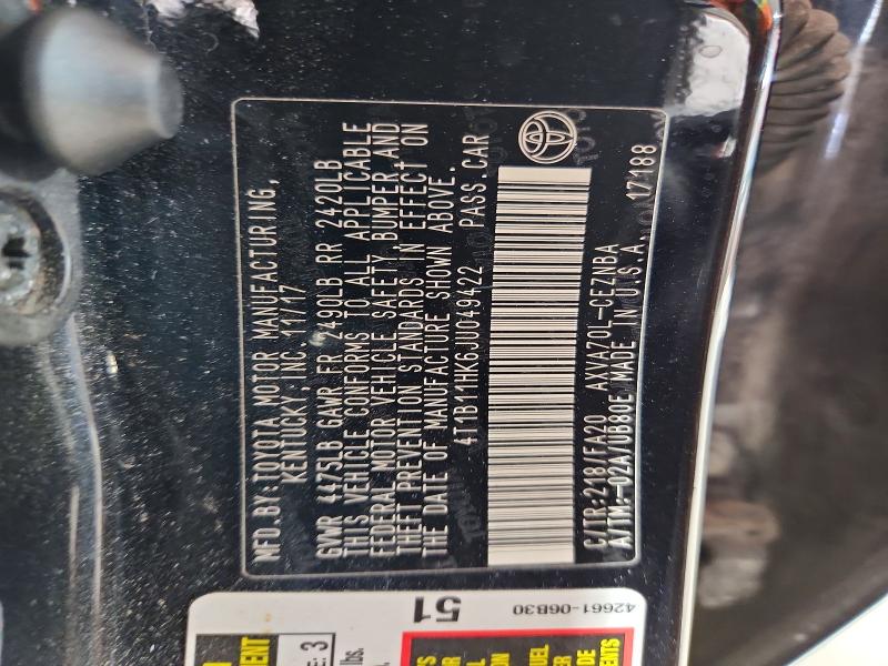 Aukcja sprzedaży 2018 Toyota Camry, vin: 4T1B11HK6JU049422, numer aukcji: 48062116
