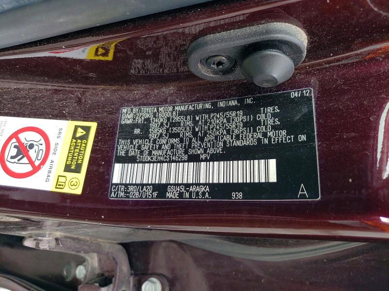 47024366 :رقم المزاد ، 5TDDK3EH4CS146298 vin ، 2012 Toyota Highlander مزاد بيع