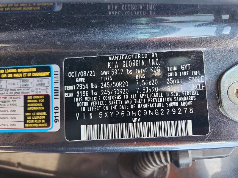 2022 Kia Telluride მანქანა იყიდება აუქციონზე, vin: 5XYP6DHC9NG229278, აუქციონის ნომერი: 45979396